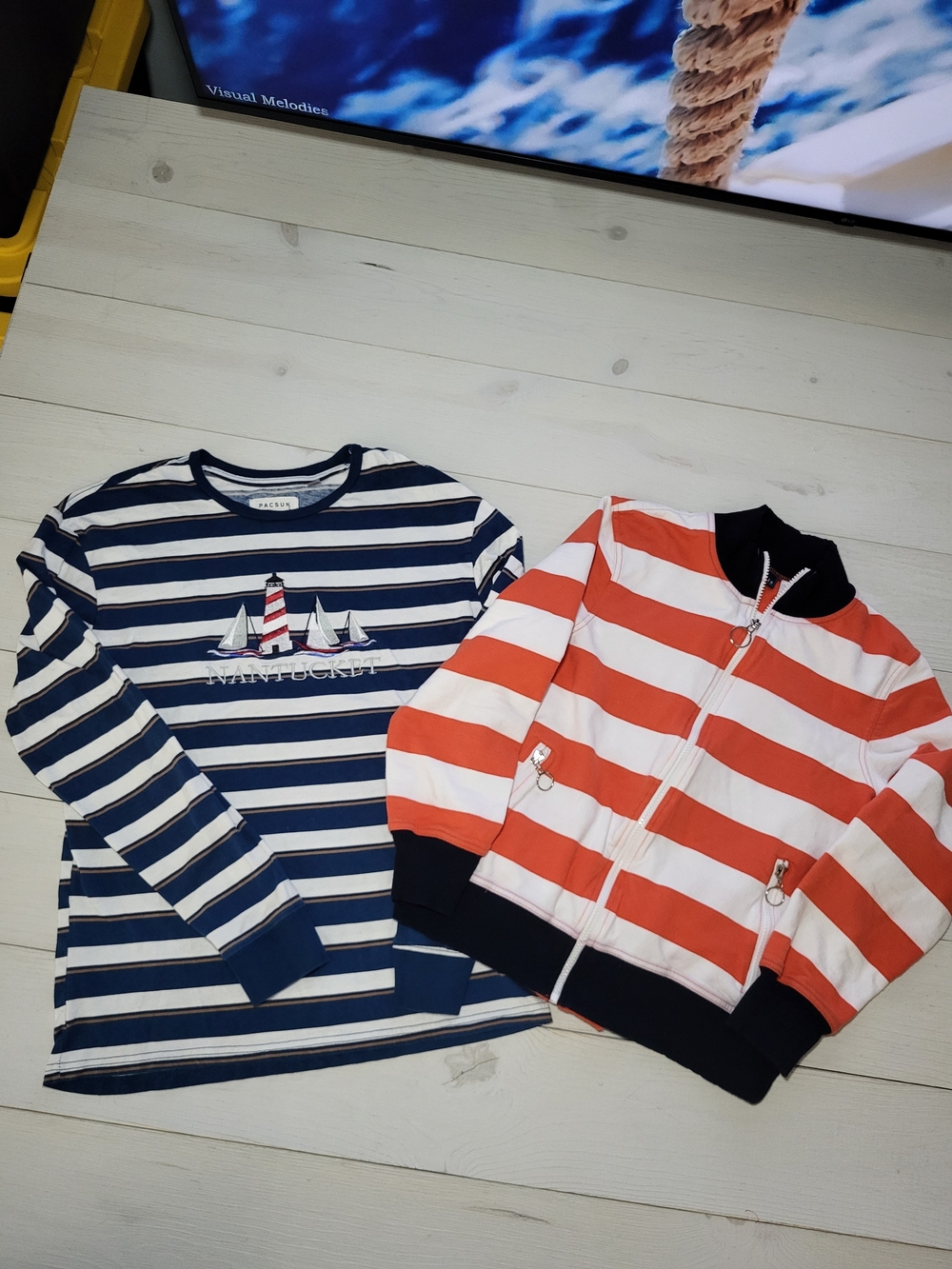 Lot Of 2 PacSun Nautical Embroidered Striped Long Sleeve Tee Vintage Zip Jacket.